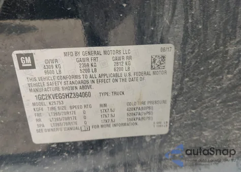 2017 Chevrolet Silverado Lt из США, поврежденный, VIN 1GC2KVEG5HZ394060